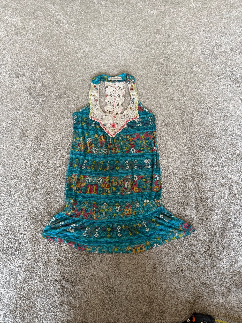 American Rag Cie Y2K Boho Crochet Beaded Racerback Tunic Top Teal Paisley
